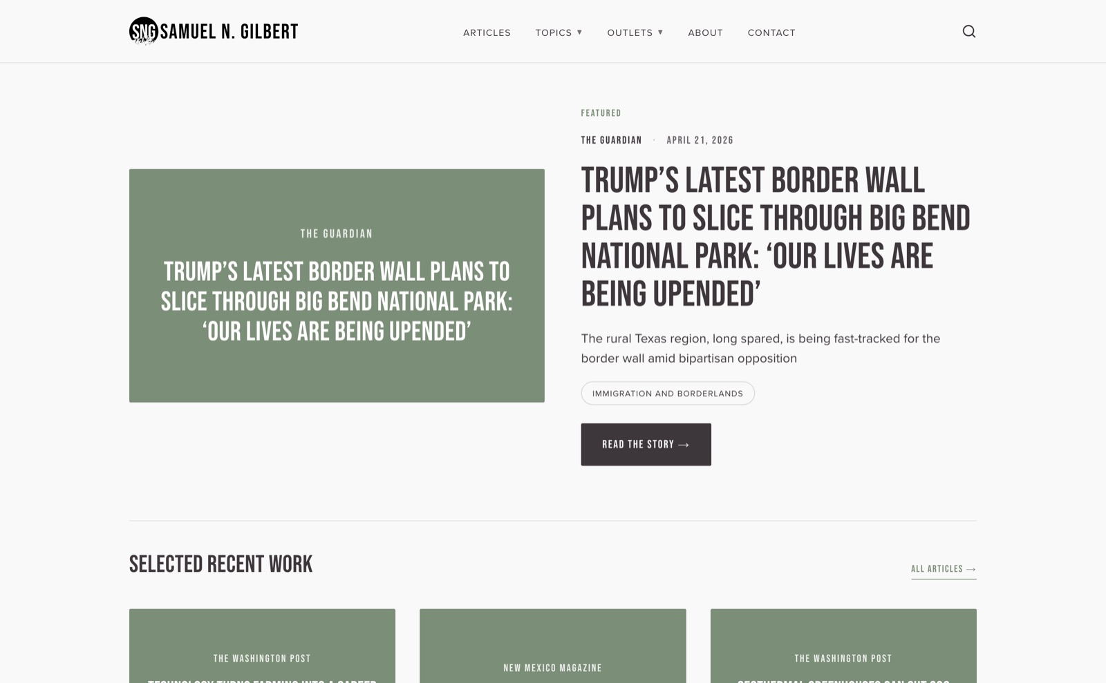 The samuelngilbert.com homepage — a text-forward journalism portfolio.